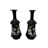 Black Glass Vases with Hand-Painted Floral and Bir