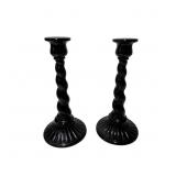 Mid-Century Pressed Black Glass Barley Twist Candl