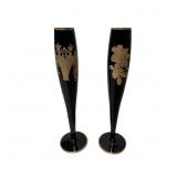 Black Amethyst Glass Bud Vases with Gold Gilt Deco