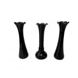 Three Black Amethyst Glass Vases, 8 1/2 Inches Tal