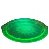 Green Uranium Glass Oval Platter with Etched Deb16