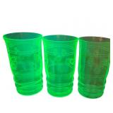 Three Etched Uranium Glass Tumblers with Floral De