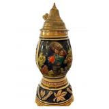 German Pewter-Lidded Ceramic Stein with Painted Re