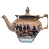 Blue and White Hexagonal Ceramic Teapot with Pagod