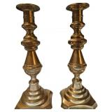 Two Brass Tapered Candlesticks with Stepped Base