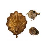 Three Brass Candle Holders, Including Shell-Backed