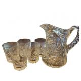 Cut Glass Water Pitcher with Handle and Five Match