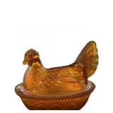 Amber Carnival Glass Covered Hen Dish by Indiana G