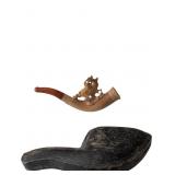 Carved Horn Pipe with Animal Motif and Wooden Mout