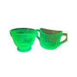 Uranium Glass Creamer and Sugar Bowls with Geometr