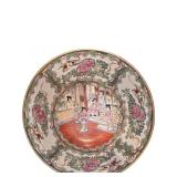 Hand-Painted Porcelain Bowl with Court Scene and F