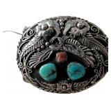 Silvertone Belt Buckle with Turquoise and Coral Ea
