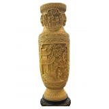 Intricately Carved Resin Vase on Wooden Base
