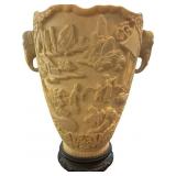 Carved Resin Vase With Elephant Handles and Landsc
