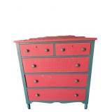 Two-Tone Green and Red Hand-Painted Dresser with F