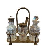 Three-Piece Cut Glass Cruet Set with Metal Holder