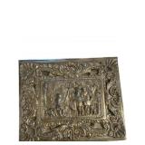 Ornate Silver-Plated Box with Figural Relief and V