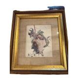 Framed Still Life Print Depicting Grapes and Folia