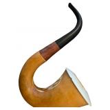 Curved Wood and Ceramic Smoking Pipe with Decorati