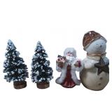 Snowy Miniature Trees, Santa Figurine, and Snowman