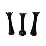 Three Black Amethyst Glass Vases, 8 1/2 Inches Tal