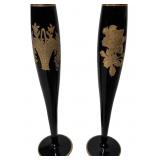 Black Amethyst Glass Bud Vases with Gold Gilt Deco