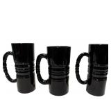 Three Black Amethyst Glass Mugs with Ribbed Handle