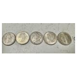 4 Morgan Silver Dollars and one Piece Dollar