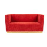 Velvet Square Arm Loveseat w/ Gold Base Trim  Red