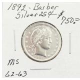 1892 Silver Barber Quarter