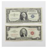 1957-A Blue $1 & 1953 Red $2 US Currency Notes