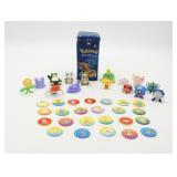 Tin w/ Vintage Pokemon Figures and Battle Poggs
