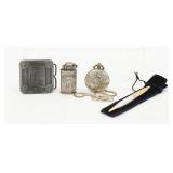 Buckle, Lighter, Pocket Watch & Swarovskiï¿½ Pen Lot
