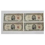 (4) 1963 $5 Five Dollar Red Seal Currency Notes