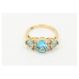 14K Yellow GOLD Blue Topaz & Diamond Ring