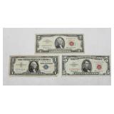 1963 $5 Red, 1963 $2 Red & 1957 $1 Silver Currency