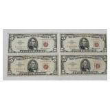(4) 1963 $5 Red Seal Currency Notes