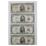 (4) 1963 $5 Five Dollar Red Seal Currency Notes