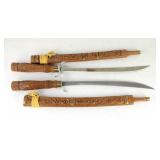 Vintage Thai Dha Swords Hand Carved Wood Scabbard