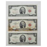 (3) 1963 $2 Dollar Red Seal Notes