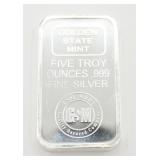 5 Troy OZ .999 Fine Silver Golden State Mint Bar