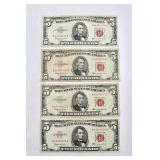(4) 1963 $5 Five Dollar Red Seal Currency Notes