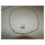 Gold Tone Pink & Blue Bead Necklace
