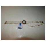 White Ribbon Choker Necklace w/ Flower Cabachon