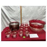 Vtg Indiana Glass Kings Crown Ruby Punch Bowl Set
