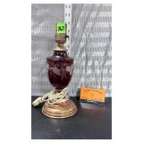 Vtg. cranberry glass & copper table lamp.
