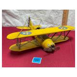 Vtg Tin Metal Yellow Biplane