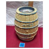 Vtg James Taffy Paper Mache Barrel Bank