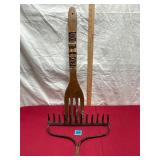 Vtg Metal Rake Head&Wooden Fork Decor
