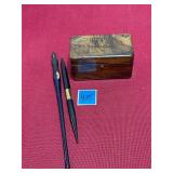 Vtg. Olive Wood inkwell and pens